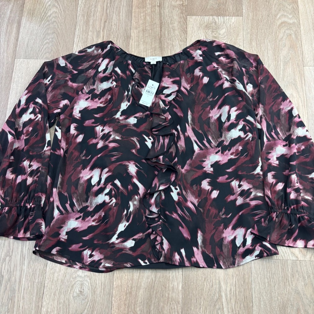 LOFT Outlet Womens Large Abstract Ruffle V-Neck Blouse Burgundy Pink Black NWT